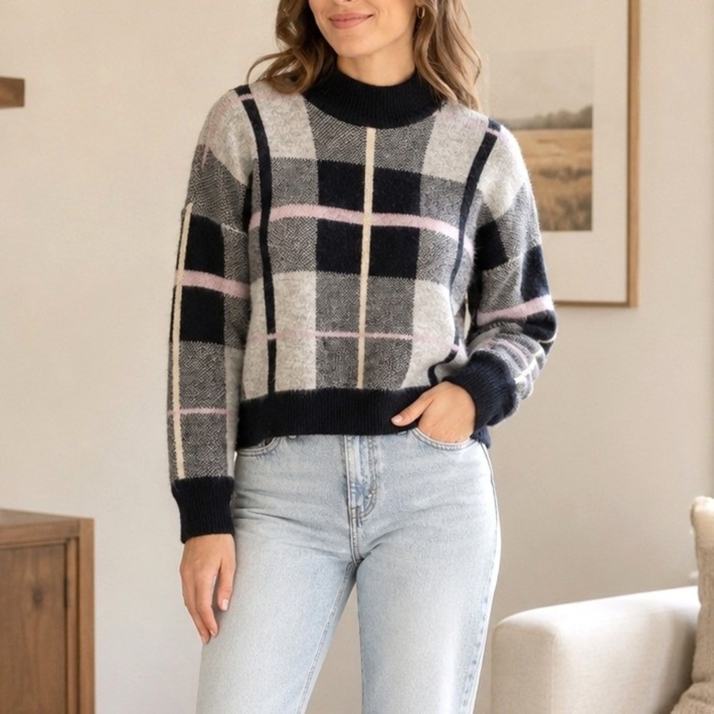 Plaid Mock Neck Sweater L Soft Cropped Preppy Coquette Knit Top